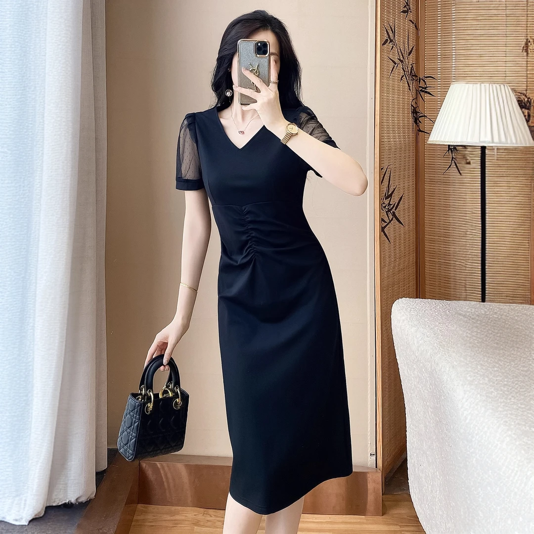 纳霍浦勒高级感黑色修身连衣裙气质高档女装收腰显瘦弹力中长款