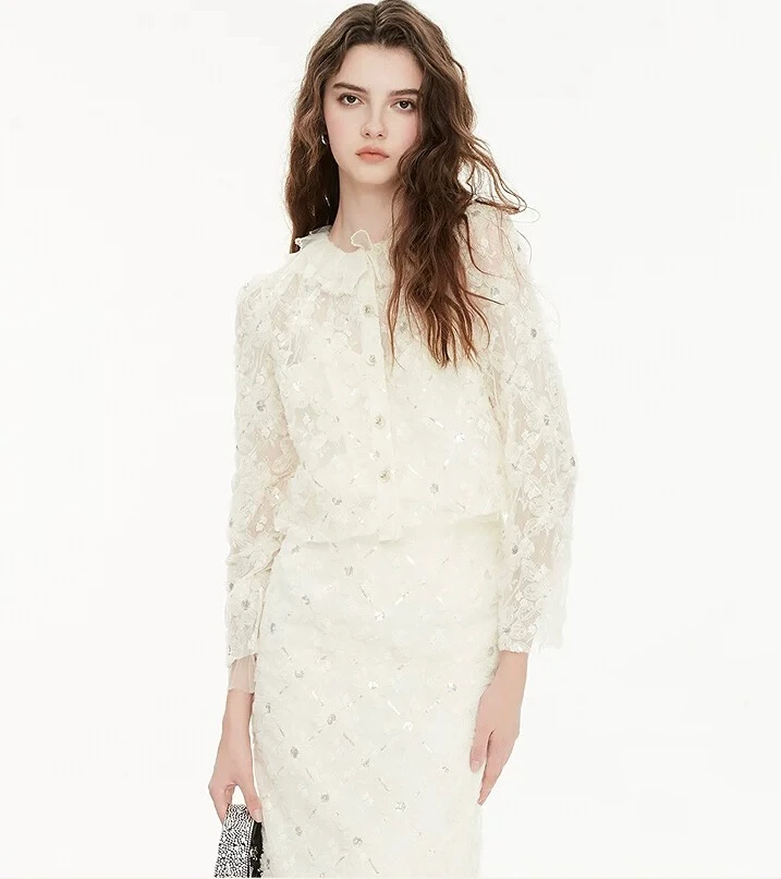 女装套装轻奢高级感女人味2025春季新款浪漫立体花朵蕾丝外套半裙