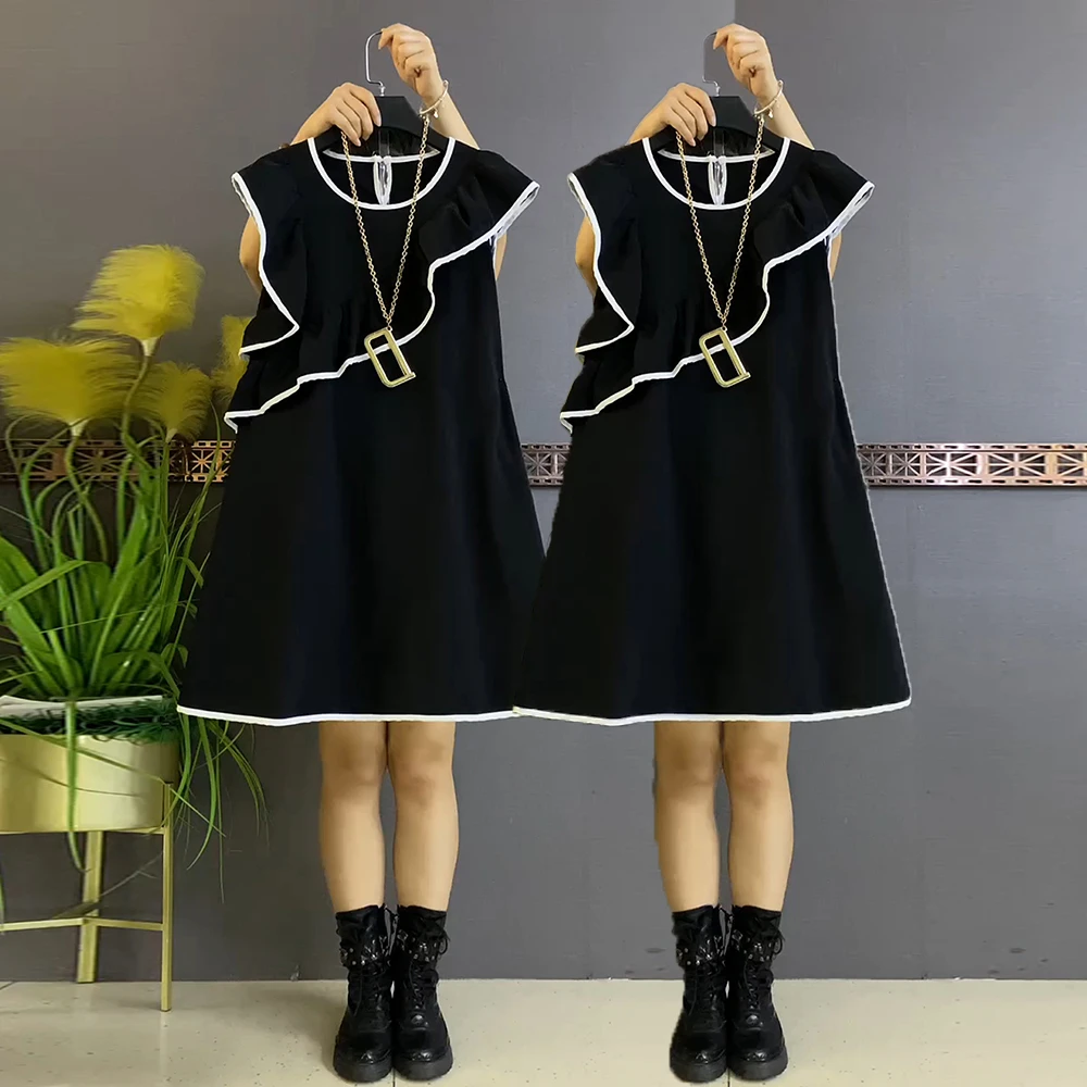 夏季大码连衣裙胖妹妹遮肉显瘦宽松短袖黑色休闲百搭时尚大码女装