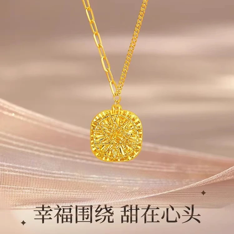 坠链均足银 小方糖项链24k金花丝方糖纯银链坠生日520情人节礼物