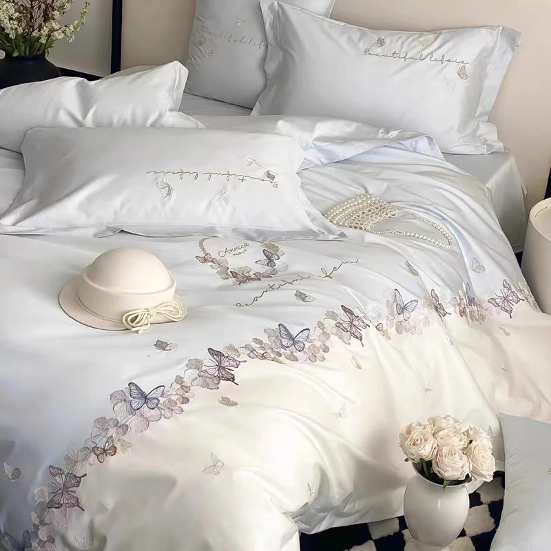轻奢200支新疆全棉四件套高档蝴蝶刺绣被套罩纯棉床单笠床上用品