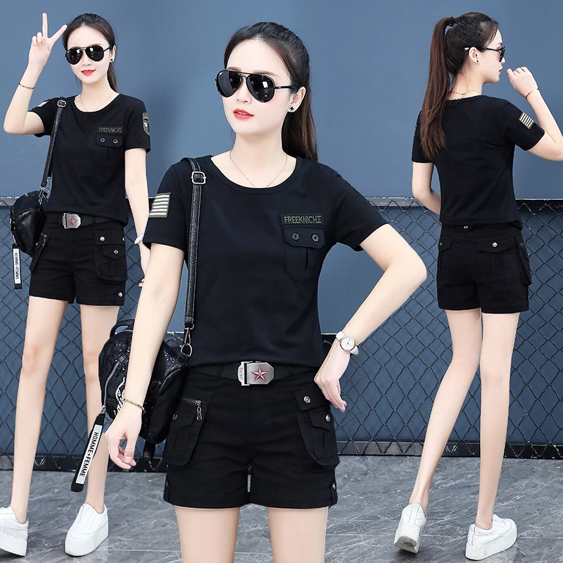 夏季迷彩短袖t恤女圆领黑色短裤三分裤户外运动水兵舞服装两件套