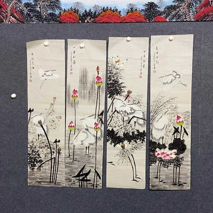 国画四条屏花鸟一套