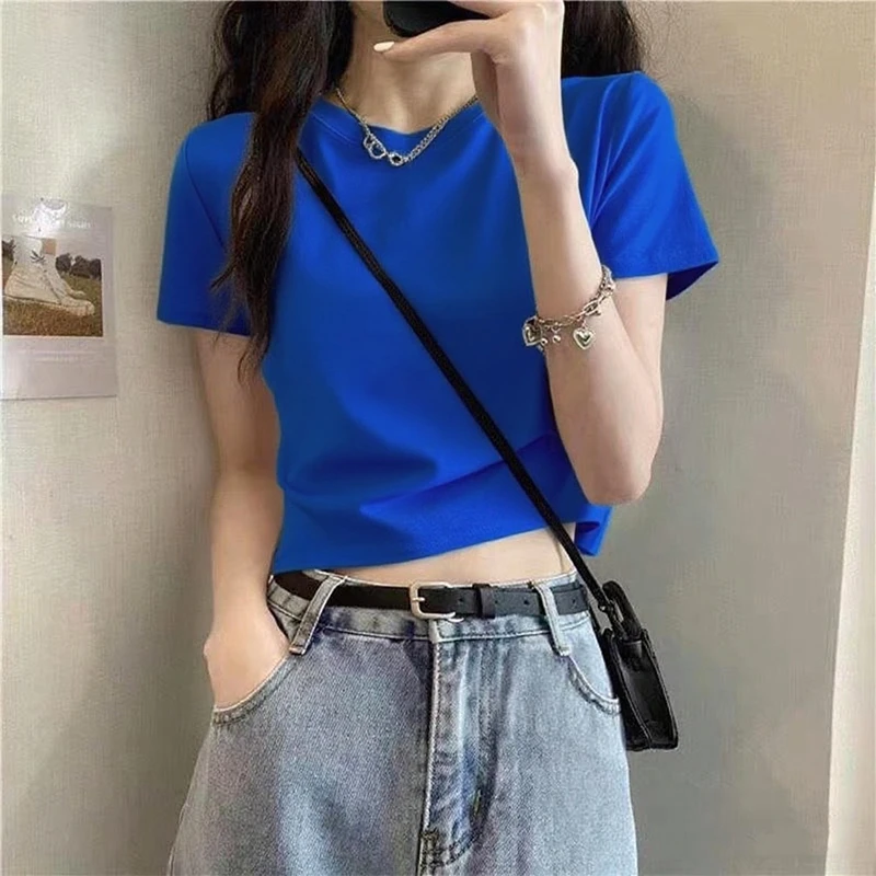 克莱因蓝正肩t恤女短袖短款辣妹上衣夏装纯棉显瘦体恤高腰打底衫