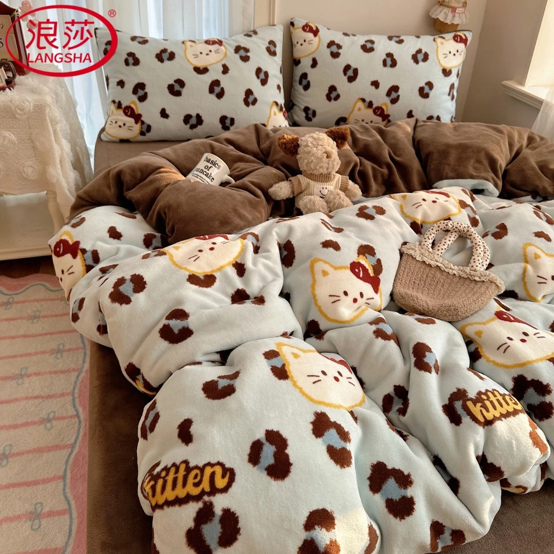 浪莎可爱KT猫牛奶绒四件套少女奶油风珊瑚绒被套宿舍床单三件套冬