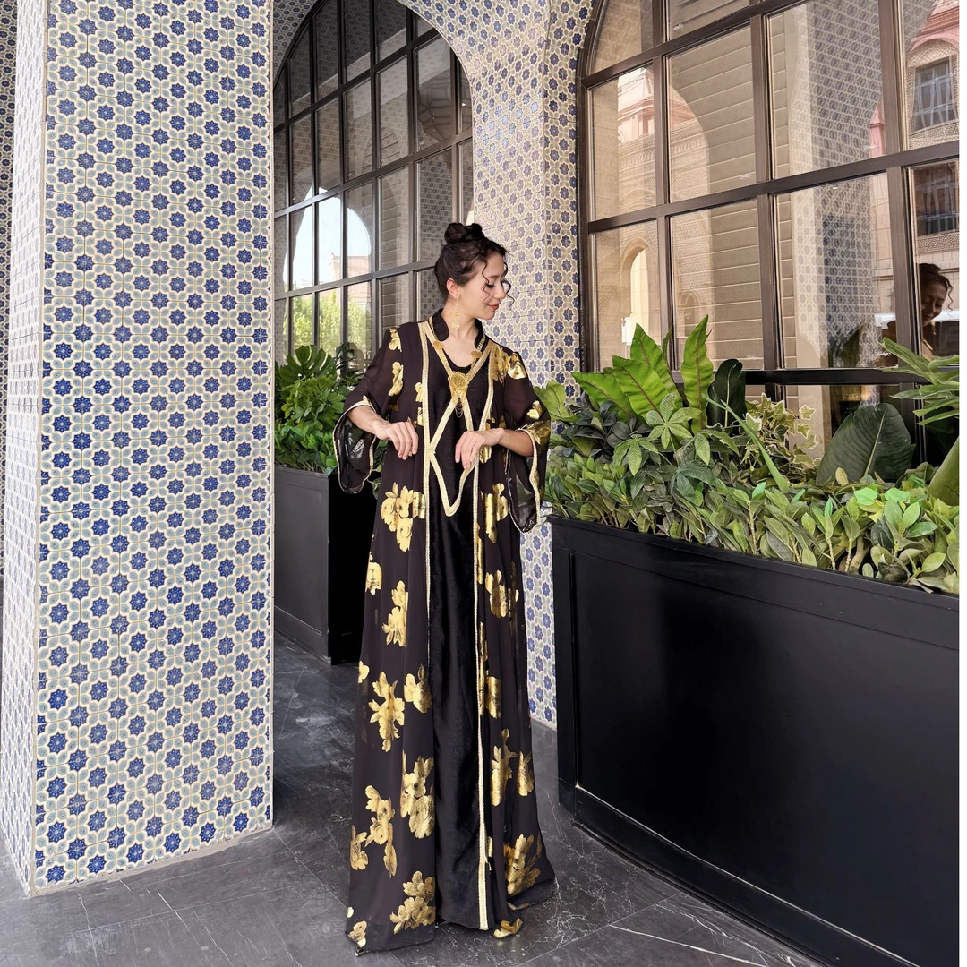 长款时尚网红复古宫廷风烫金印花宽松长袍式夏季酷飒风女装高级感