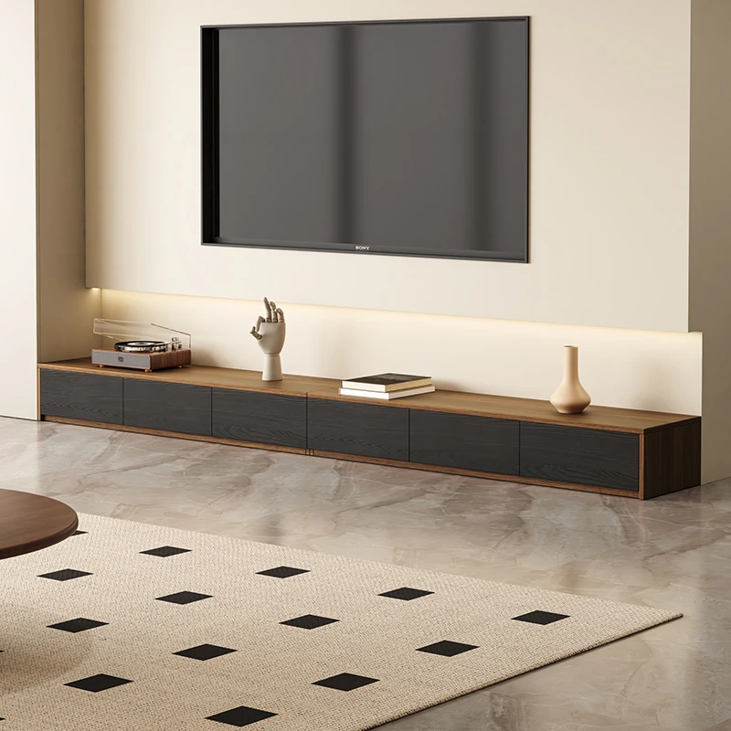 实木落地电视柜极简中古复古风高档大小户型客厅意式地柜定制