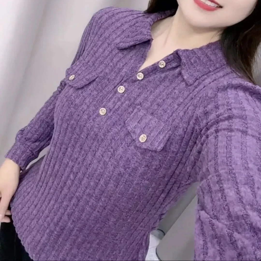 2940-03春季百搭新款网红洋气时尚气质翻领打底衫