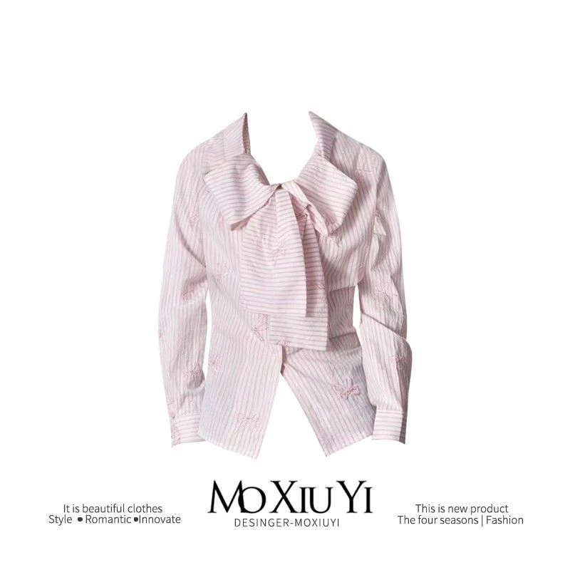 MoXiuYi STUDIO 甜美少女粉色蝴蝶结刺绣衬衫初秋设计感显瘦上衣