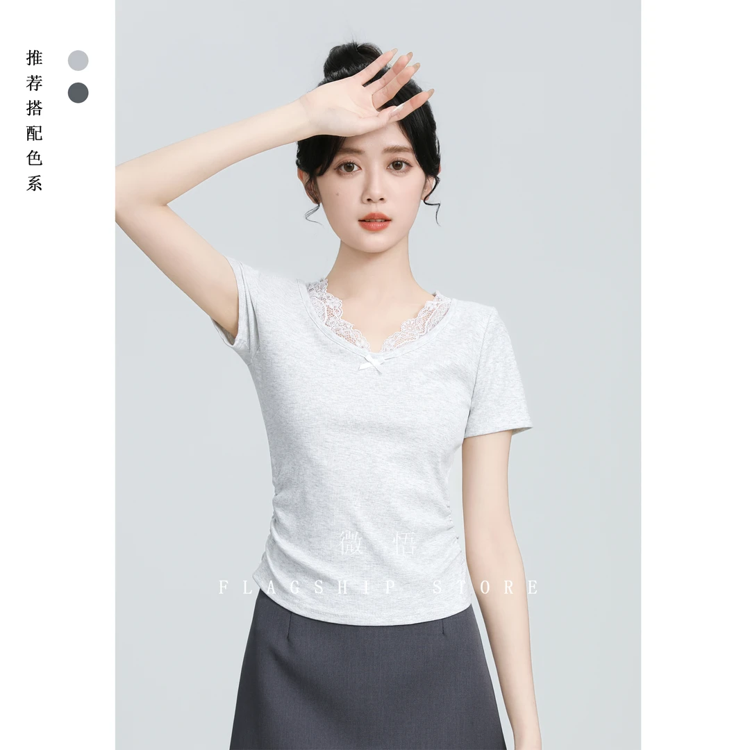 灰色蕾丝V领短袖T恤女夏季2025春新款设计感收腰体恤正肩短款上衣