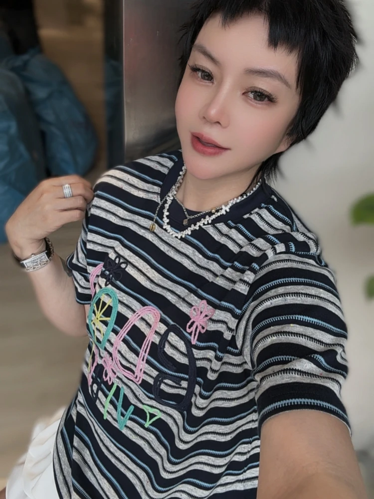 【济州岛】南油财神家 线条字母刺绣条纹短袖