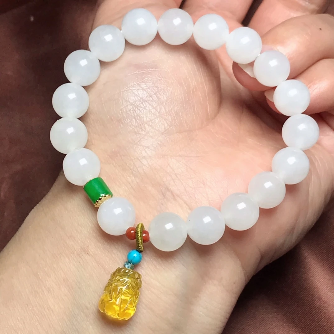 天然和田玉圆珠手链女士玉石手串单圈玉珠串首饰品送女士闺蜜礼物