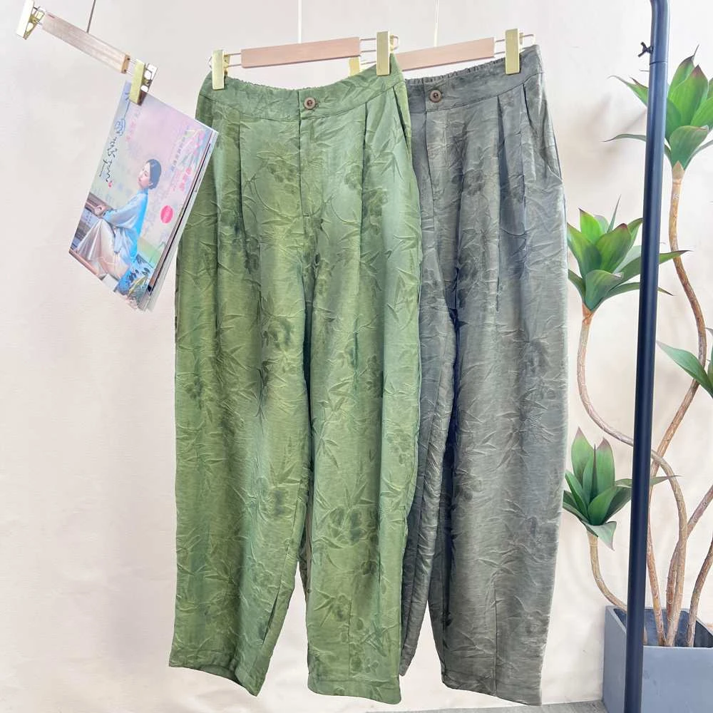 592 夏季薄款竹叶提花萝卜裤百搭休闲裤-腰围68-裤长97cm