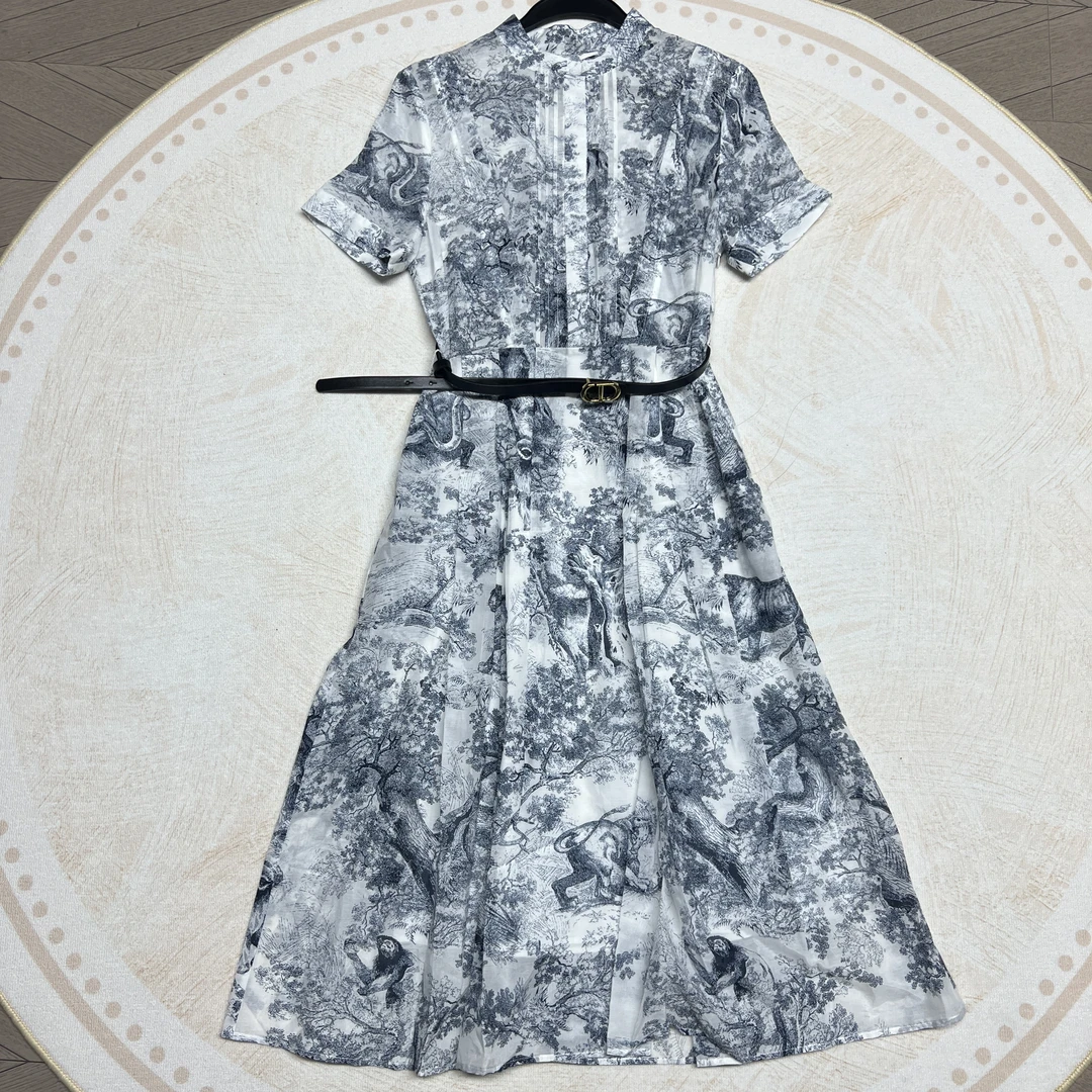 C慕溢-25时尚白蓝拼色动物园印花拼腰带短袖连衣裙