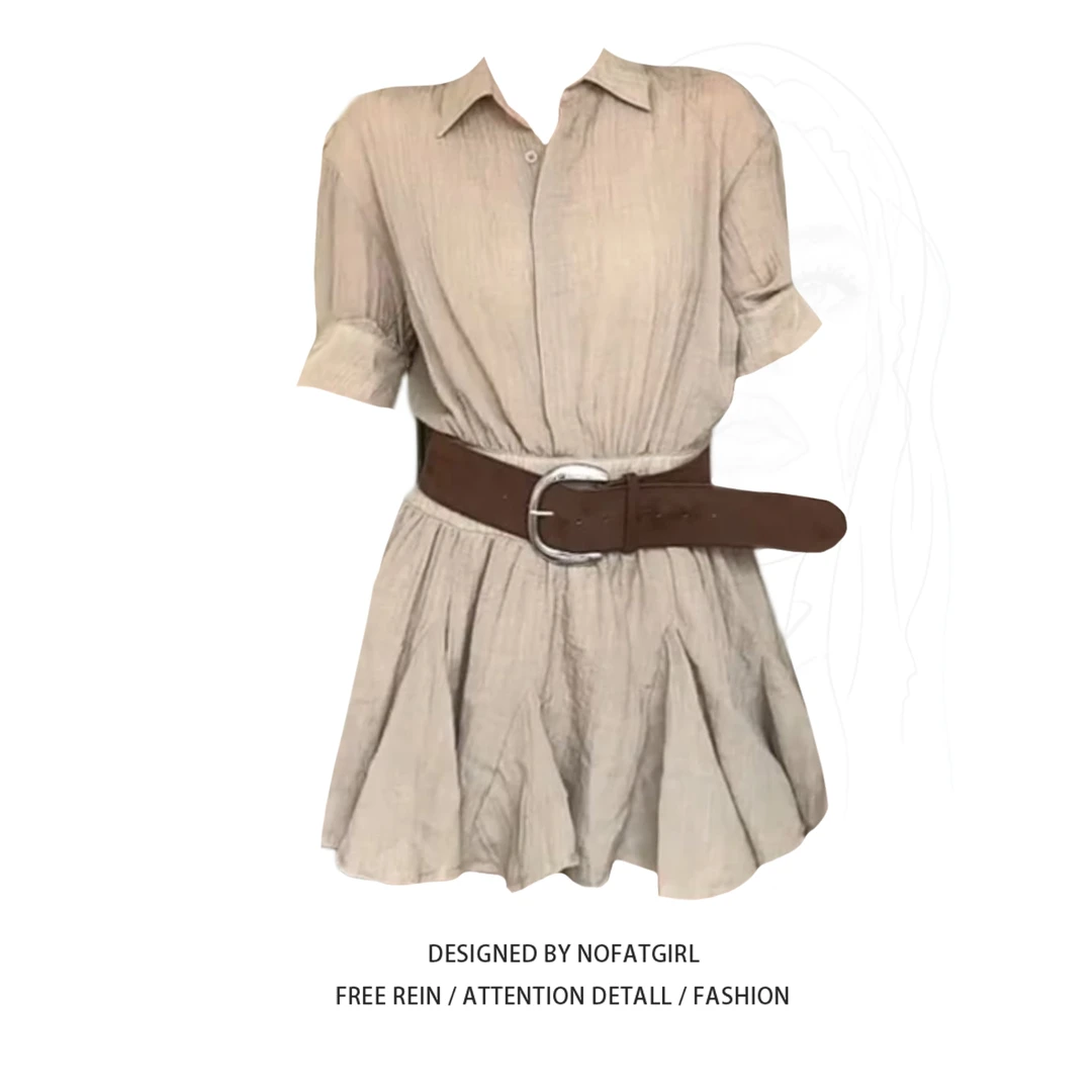 大码胖妹妹高级感法式翻领短袖衬衫连衣裙女夏季气质收腰百褶短裙