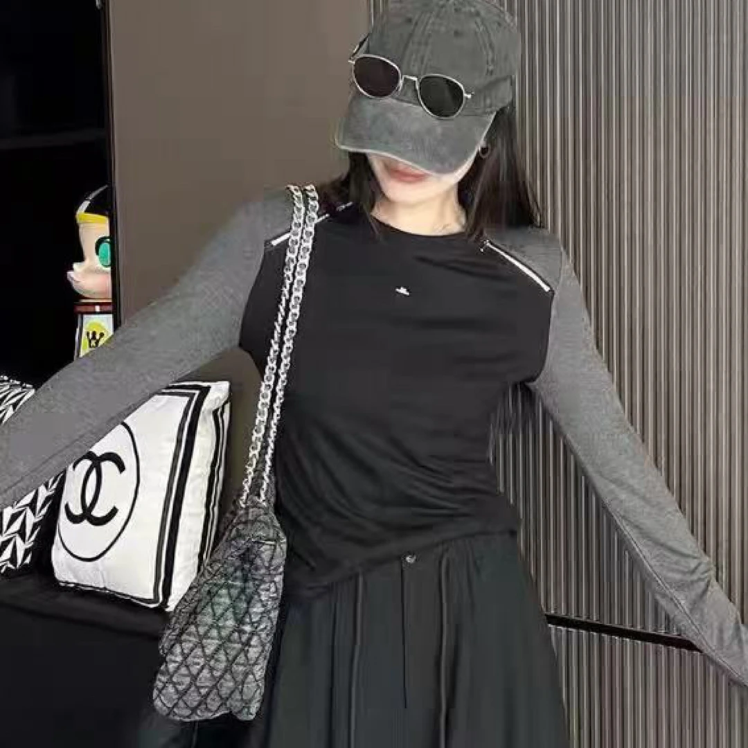 拉链圆领拼接拼色长袖T恤显瘦