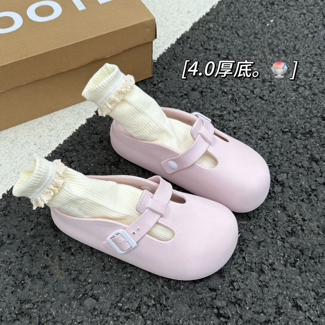 厚底勃肯鞋女外穿防滑透气装饰洞洞鞋沙滩一脚蹬半拖增高包头拖鞋