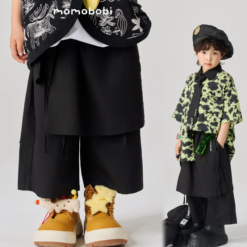 momobobi自制夏款裤子中大童飘带假两件腰裙阔腿裤百搭帅气短裤潮