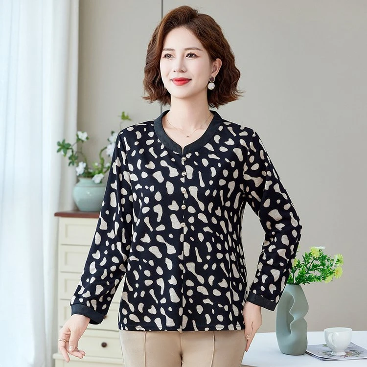 春秋中老年女装碎花长袖小衫圆领弹性T恤