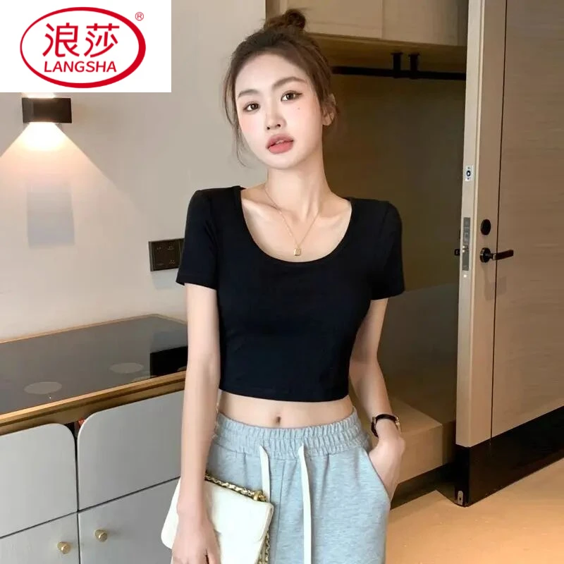 浪莎黑色露脐短袖T恤女夏显瘦小个子高腰修身圆领半袖紧身u领