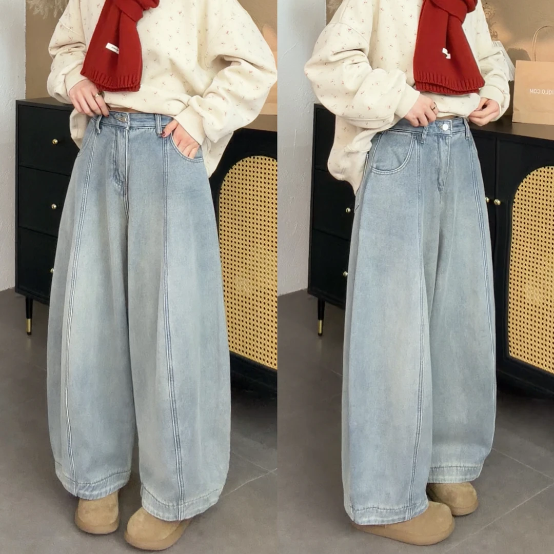 【SI MO】3016一条不挑上衣色系的复古百搭浅蓝加绒牛仔气球裤