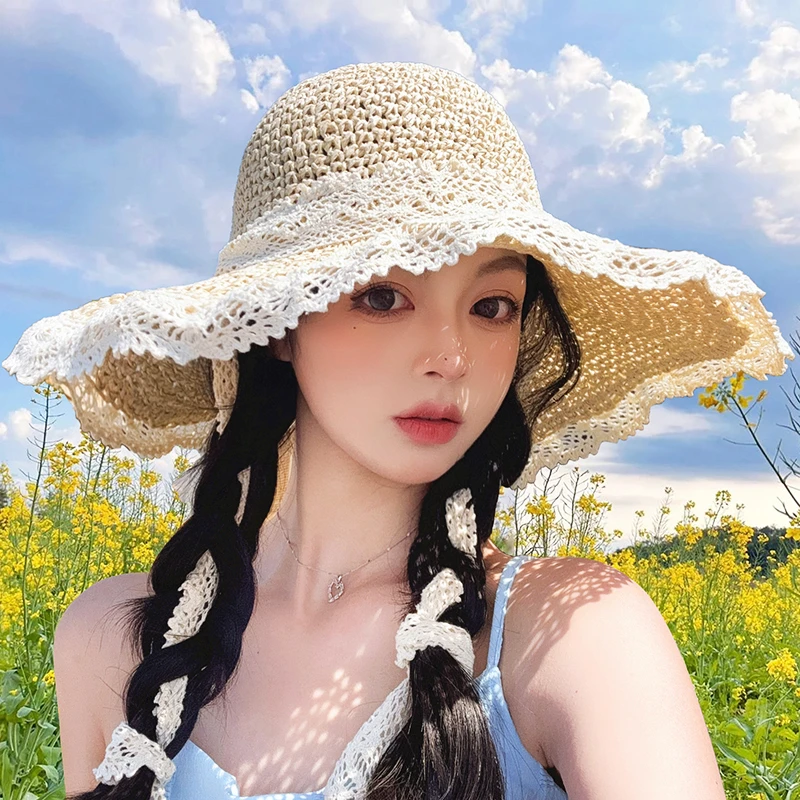 BANGKE LEE帽子女款2024新款夏遮阳防紫外线太阳帽海边度假镂空蕾