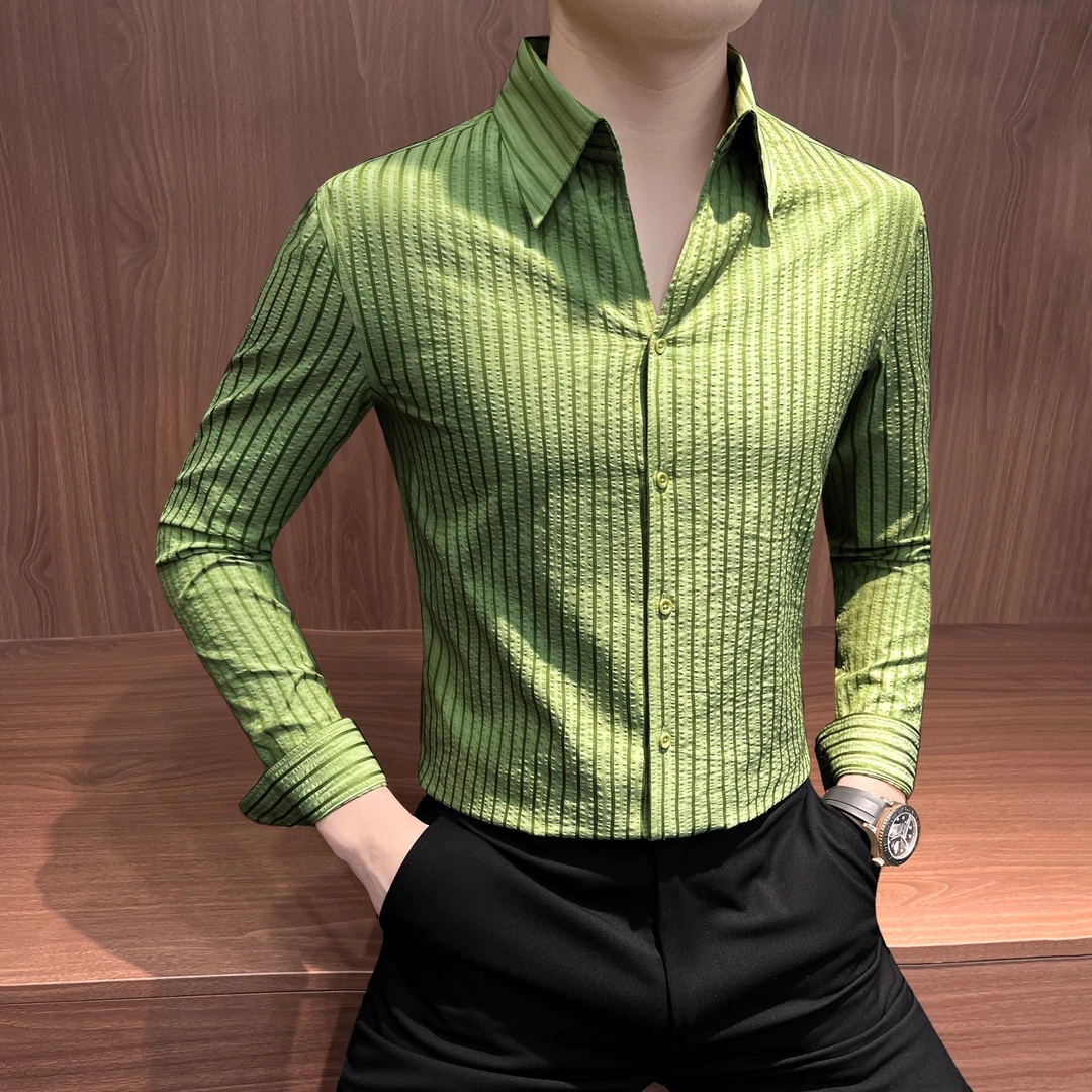 条纹泡泡衫衬衫男款长袖爆款2025新款秋冬高级感男装大领男士衬衣