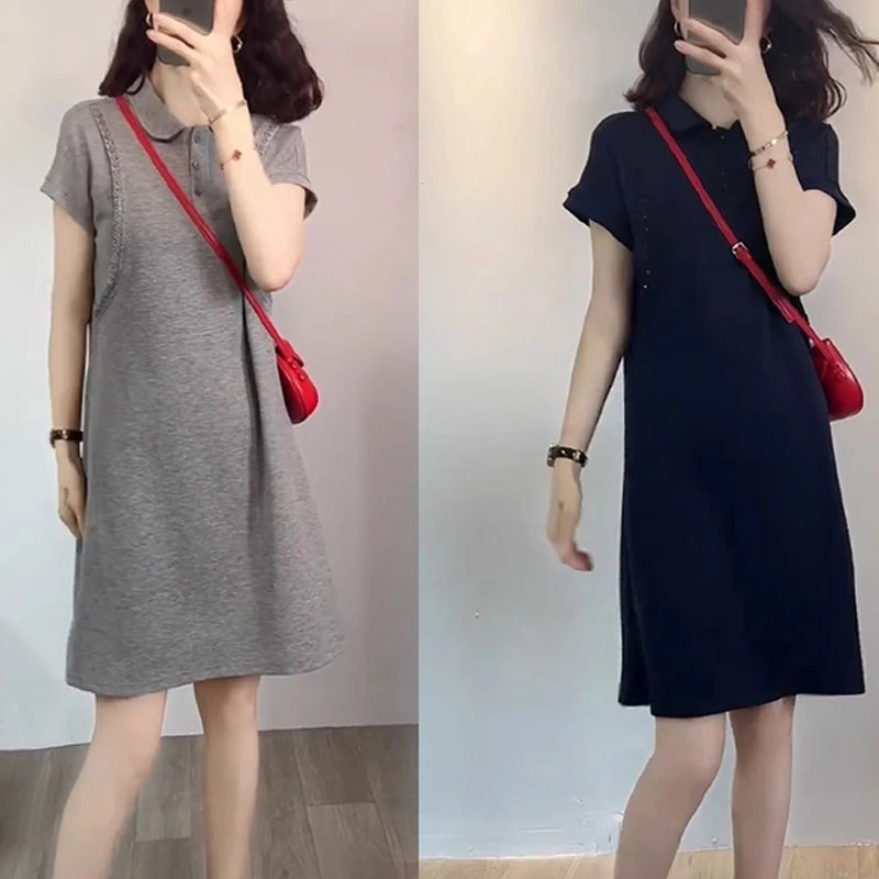 气质时尚短袖纯色POLO领连衣裙女春秋新款休闲显瘦小个子中长裙潮