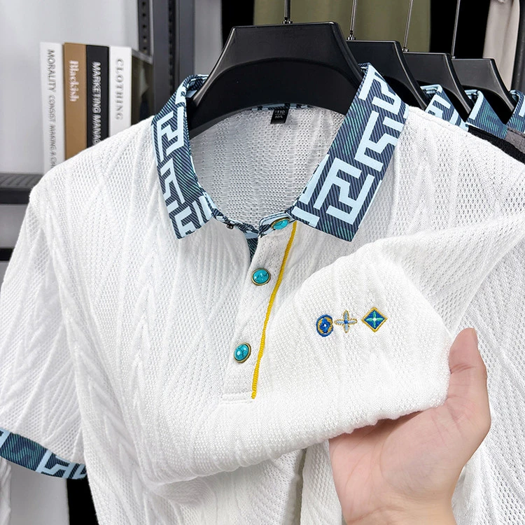 2025新款夏季针织刺绣休闲翻领短袖Polo衫男士时尚百搭透气t恤男