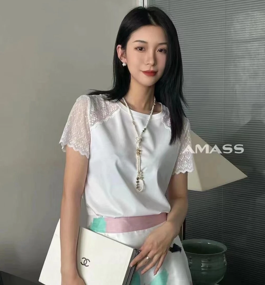 AMASS阿玛施新款品质女装蕾丝短袖套头T恤上衣女5301053