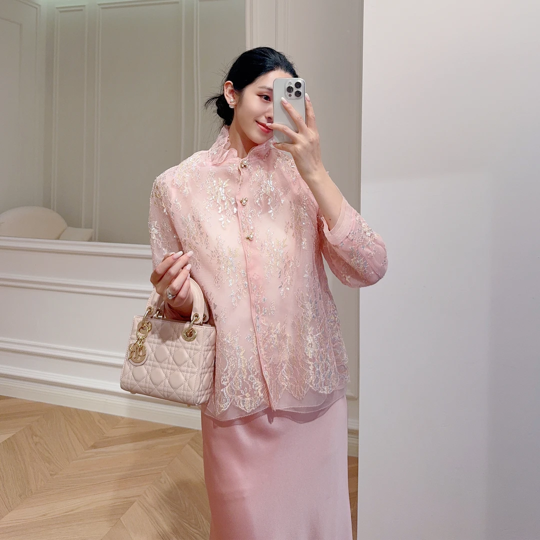 嫚渡绣花粉色长袖衬衫  春夏季时尚国风休闲气质绣花立领粉色衬衣