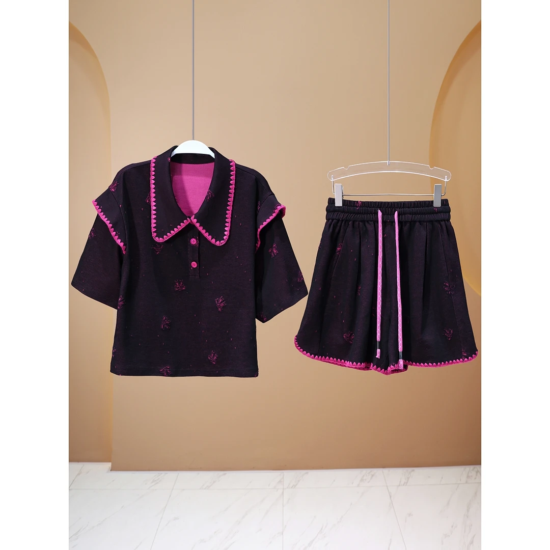 【韩哥女装】小众欧版设计师款黑色法式撞色刺绣时尚套装7553A