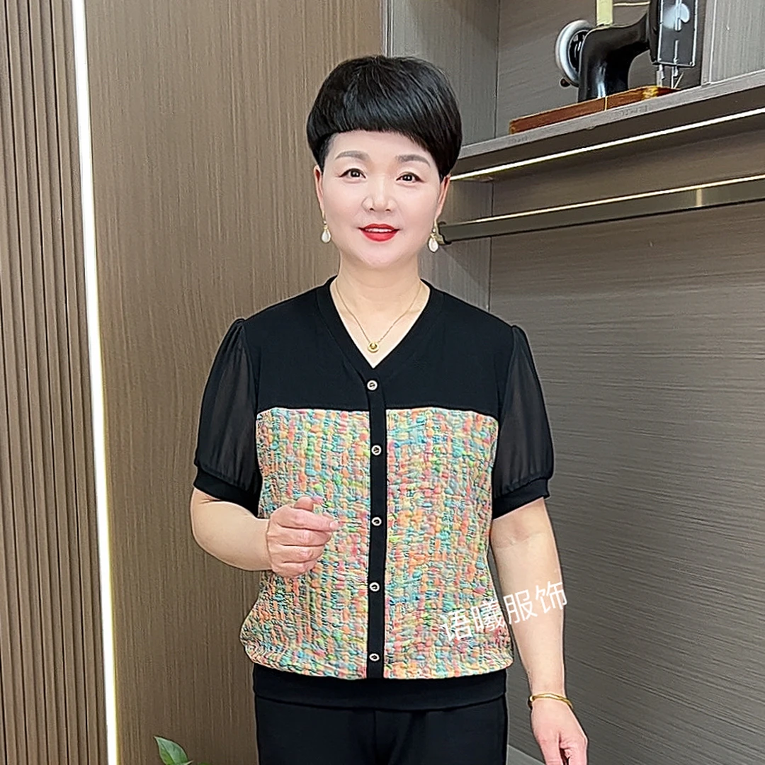 常规薄款纽扣法式V领洋气中老年女装显瘦中年百搭夏装F8879妈妈装