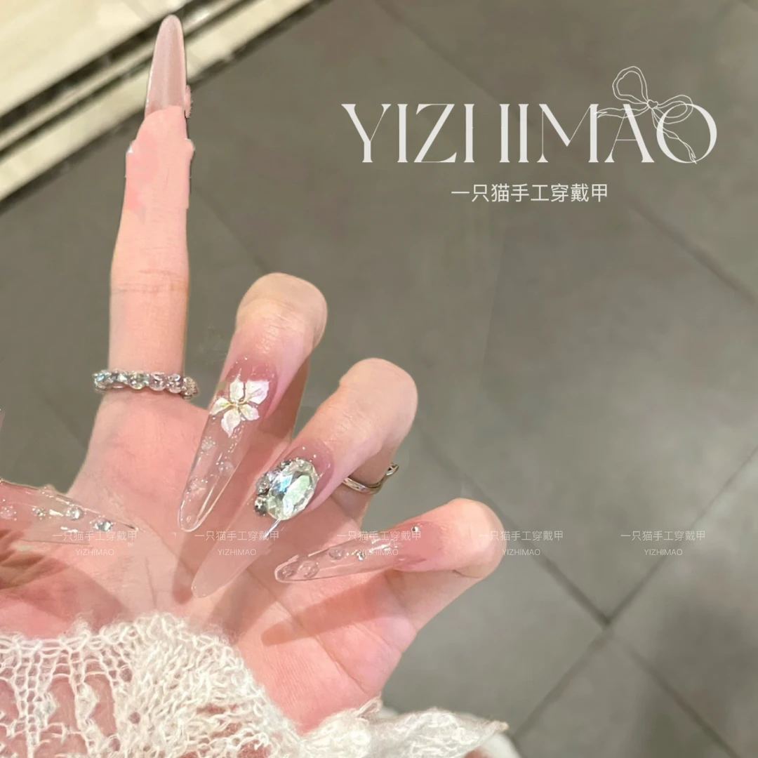 【闻花落】一只猫·春日浪漫樱花粉渐变冰透水露琉璃花瓣手工穿戴甲