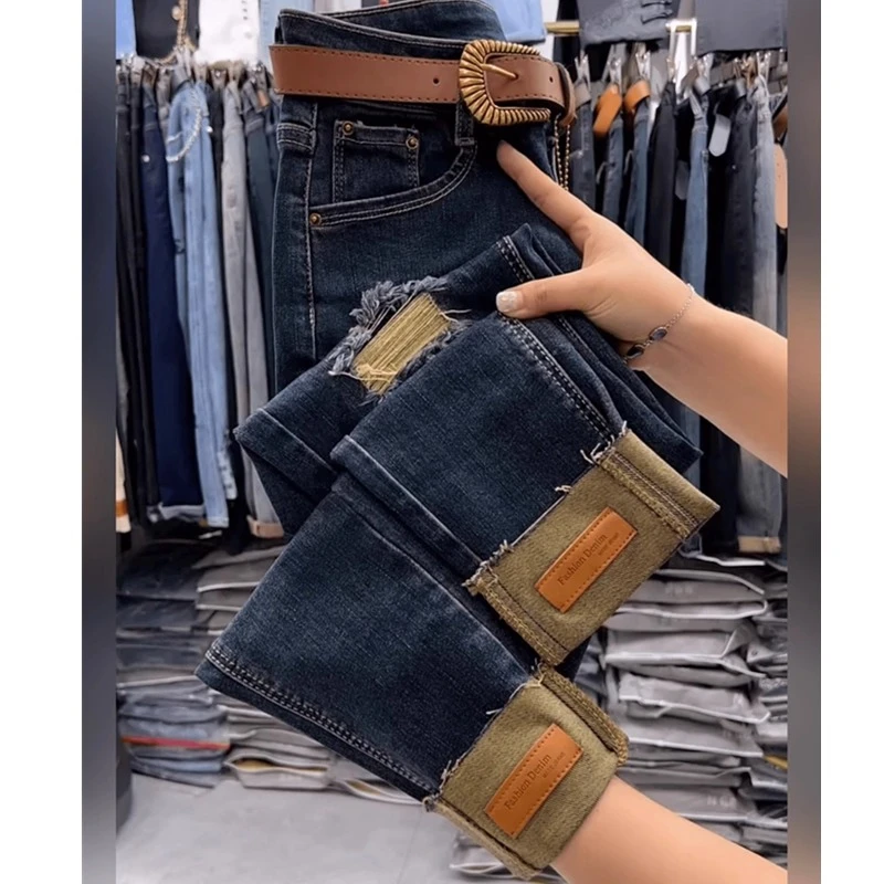 欧货复古直筒修身牛仔裤女秋季新款胖mm遮跨弹力小个子破洞烟管裤