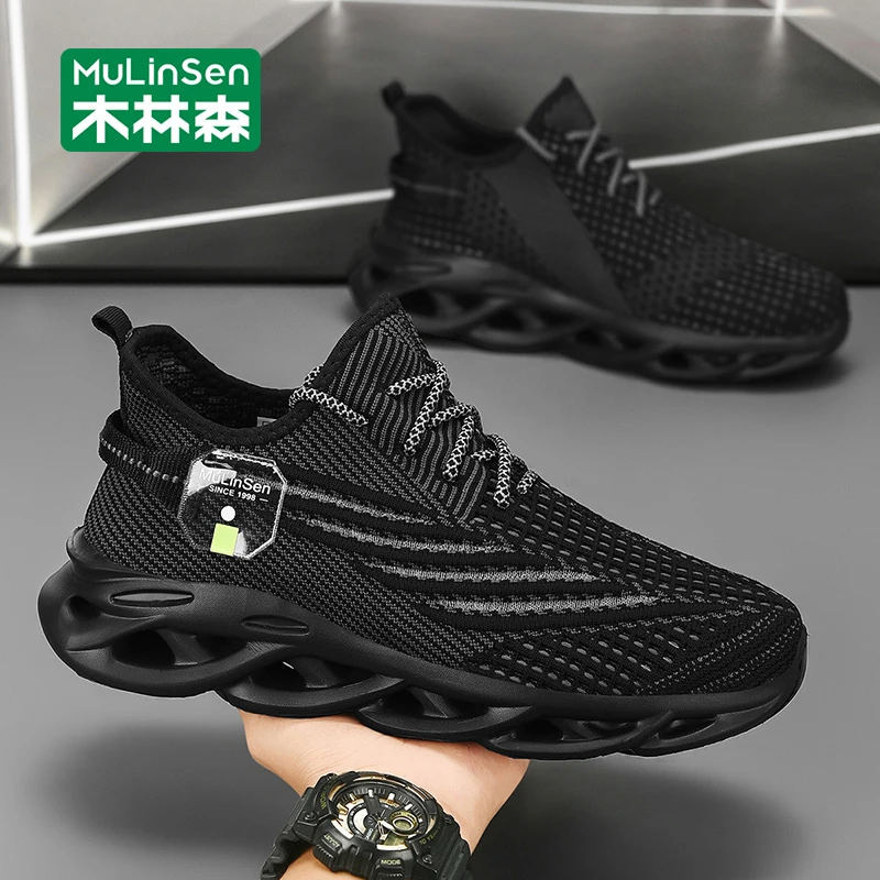 木林森椰子鞋2025秋季新款时尚休闲运动鞋男士黑色网面透气跑步鞋
