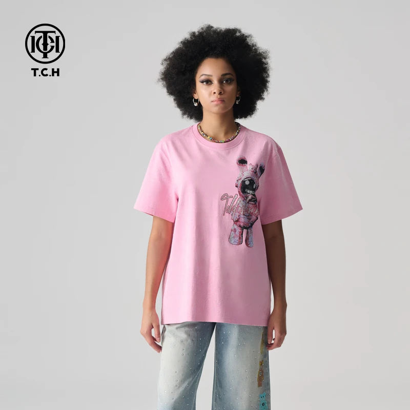 T.C.H2024春季时尚宽松烫钻太空兔粉色短袖T恤T72B106045