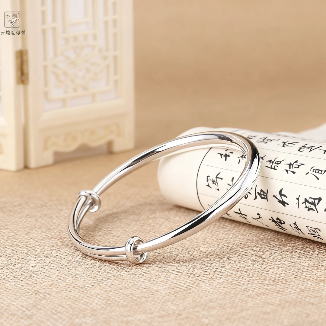 足银手镯 【推拉手镯】足银999简约大气可调节百搭经典实心