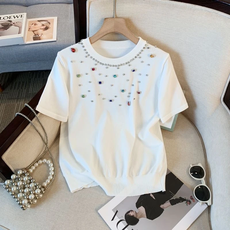 YOYOGALI 240#冰爽丝彩钻轻奢烫钻钉珠速干针织T恤