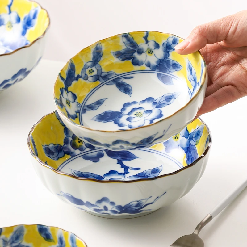 黄彩花纹汤碗面碗日本进口釉下彩家用陶瓷汤碗大面碗米饭碗拉面碗