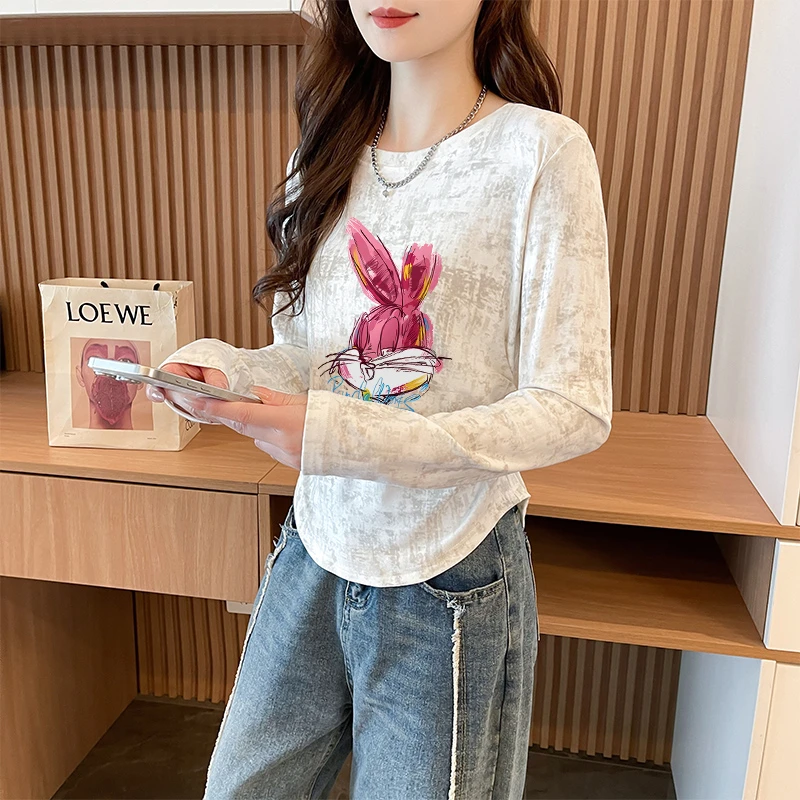 小众扎染褶皱圆领长袖T恤女2025秋季修身显瘦遮肉减龄高级感上衣