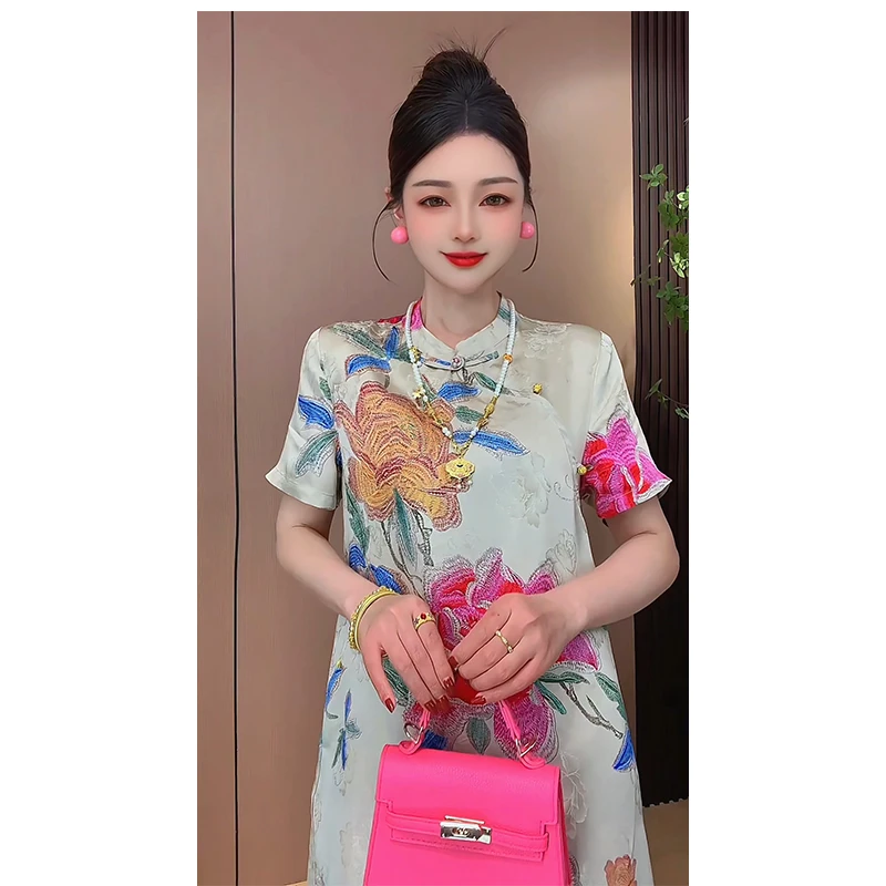 【赏牡丹】国风新中式旗袍裙人丝提花复古短袖A字连衣裙短裙裙子女