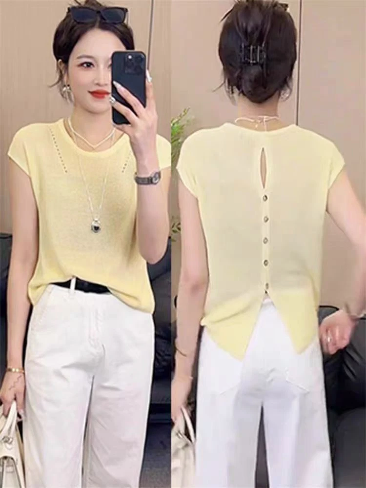 后背吸睛设计~简约针织衫夏季百搭合体显瘦短款上衣圆领短袖时尚