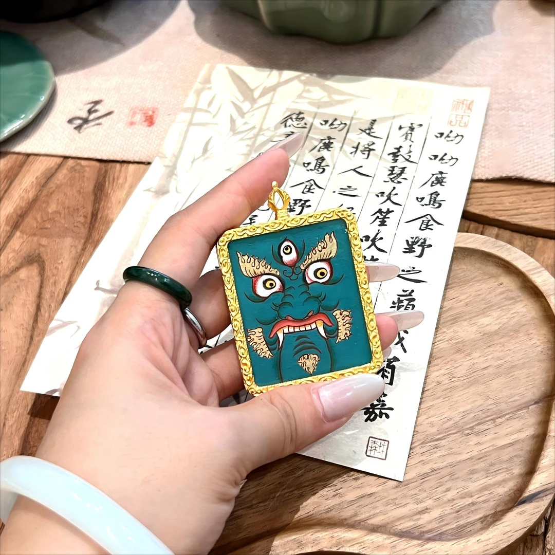 【绿财神唐卡】热贡唐卡正品-男女随身佩戴护身纯手绘唐卡吊坠项链