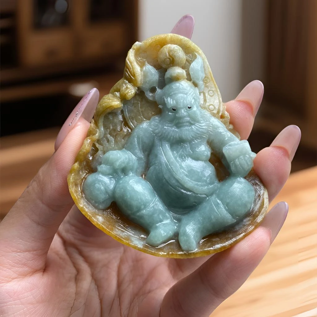 定制翡翠 黄翡皮壳随型天师钟馗 毛货买断 尺寸68*59*9.9mm