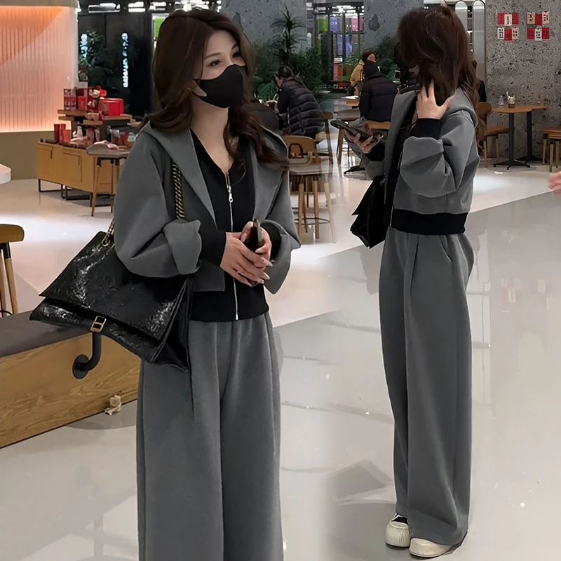 休闲运动套装女春秋减龄穿搭网红炸街假两件卫衣宽松阔腿裤两件套