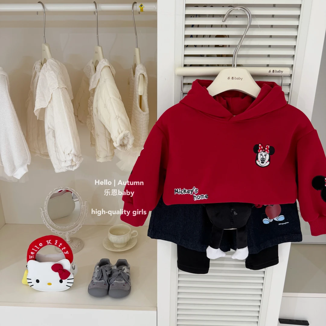 【乐恩童装】原创设计冬女童红色米奇卫衣洋气韩版厚款连帽套头衫