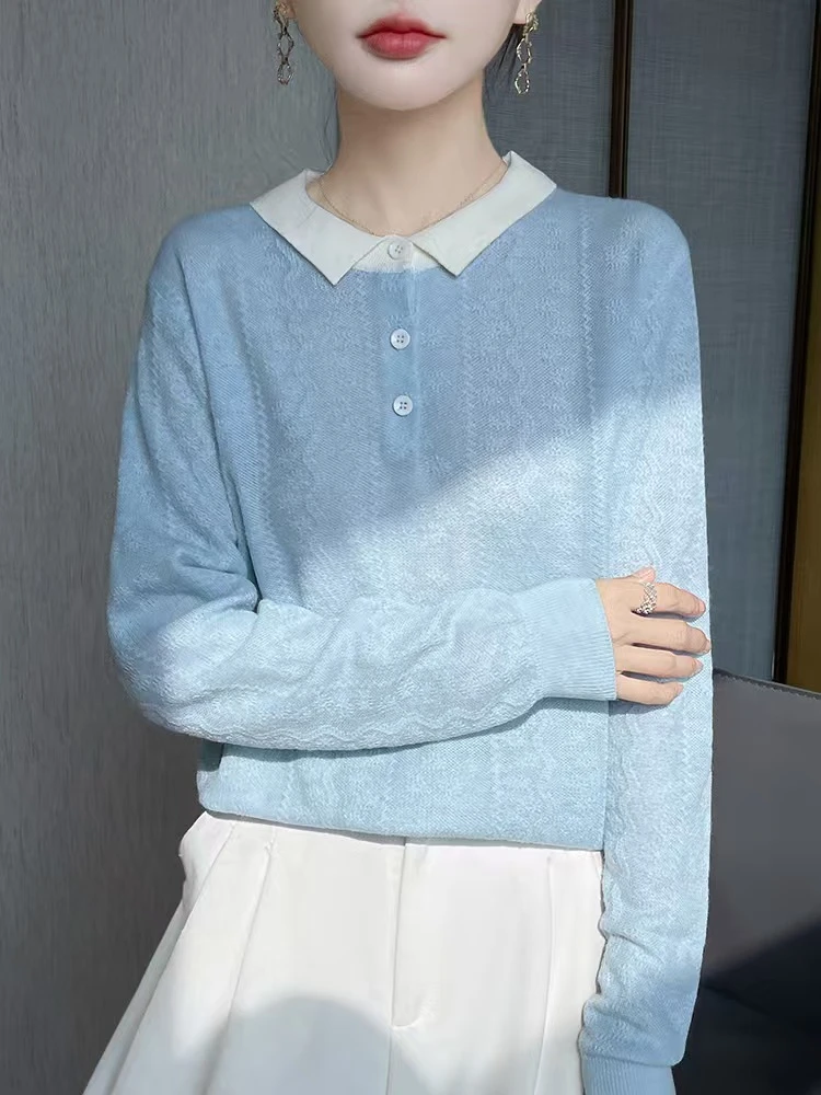 正品提花长袖翻领针织衫秋季新款拼色百搭显瘦打底衫女