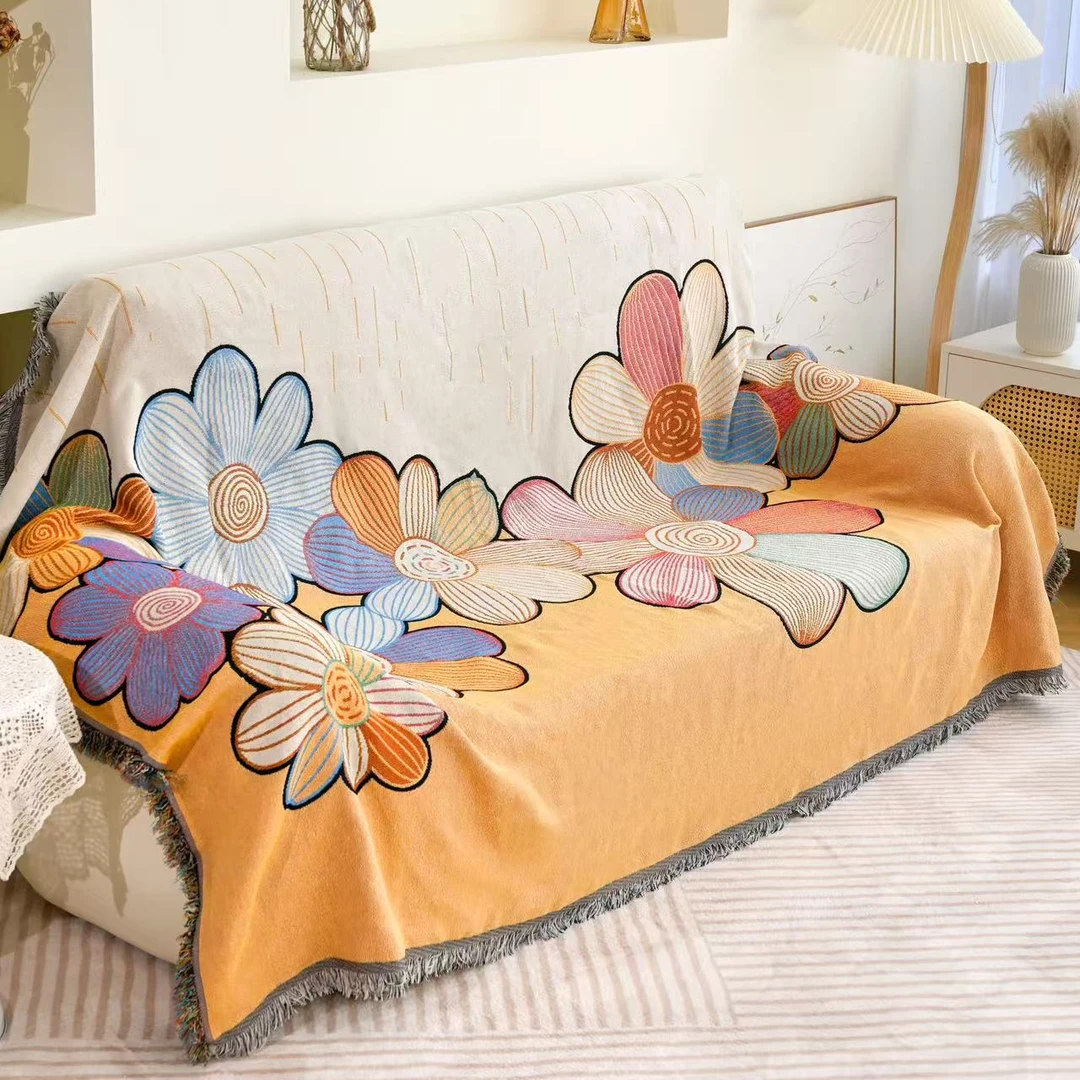 向阳花90*240加厚沙发巾印花防滑多功能针织美式多功能