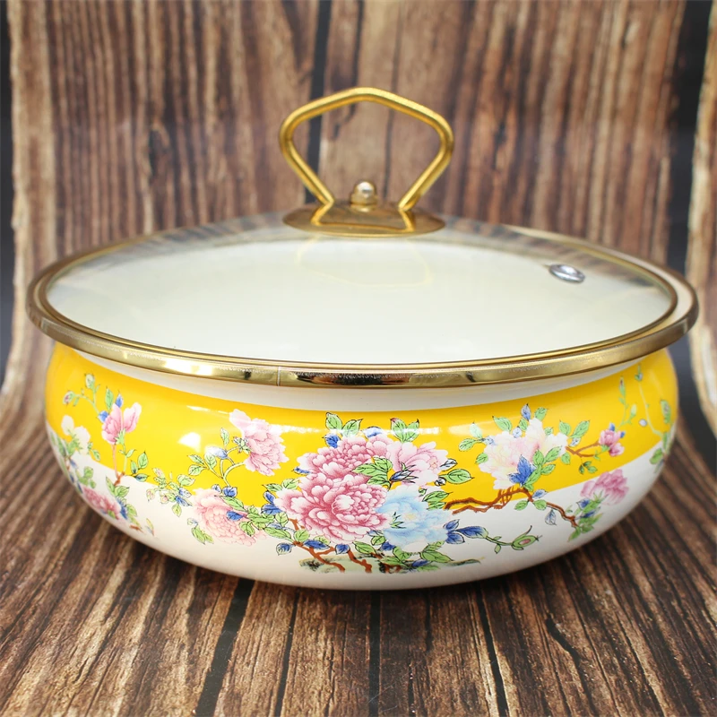 珐琅如意汤碗带盖盆宫廷风饺子馅盆家用搪瓷汤盆蒸肉搅拌碗玻璃盖